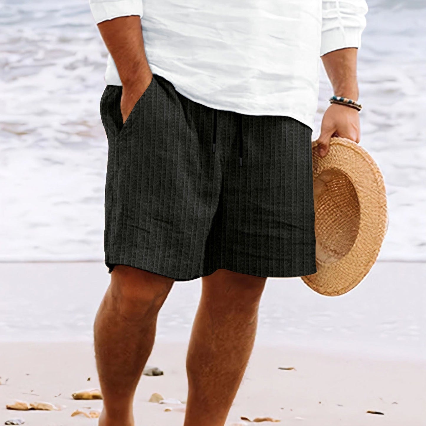 Pantalones cortos hombre lino algodón bolsillos y cintura elástica