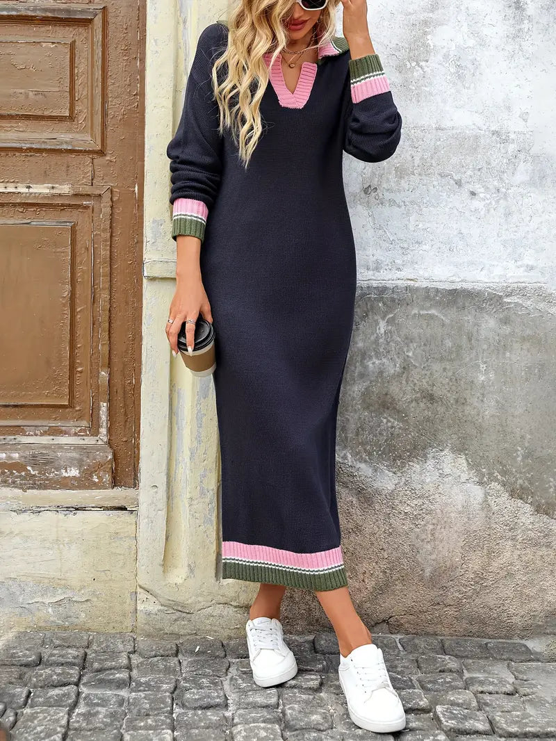 Elegante vestido de punto colorido de inspiración francesa con cuello de solapa