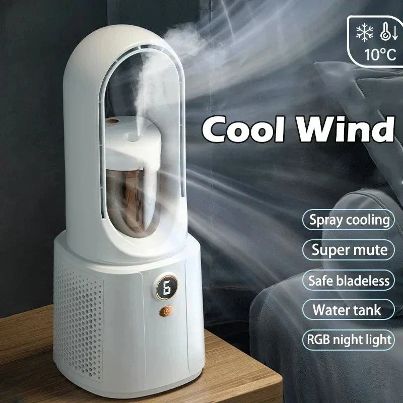 Ventilador de habitación sin aspas con refrigeración por pulverización y luz nocturna - Miniventilador silencioso para dormir mejor en verano