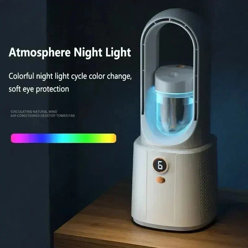 Ventilador de habitación sin aspas con refrigeración por pulverización y luz nocturna - Miniventilador silencioso para dormir mejor en verano