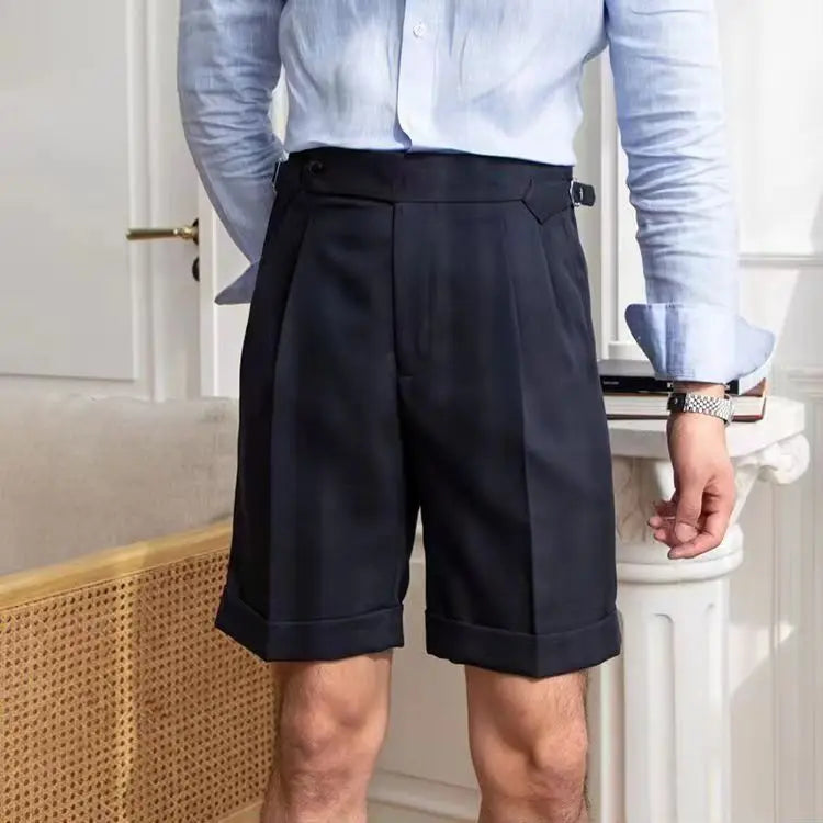 Pantalones cortos a medida para hombre - 100% algodón - parte delantera plisada - dobladillo con puños - corte hasta la rodilla