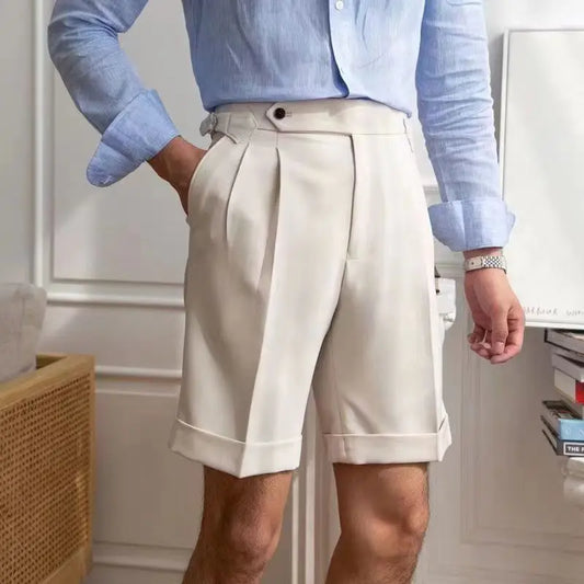 Pantalones cortos a medida para hombre - 100% algodón - parte delantera plisada - dobladillo con puños - corte hasta la rodilla