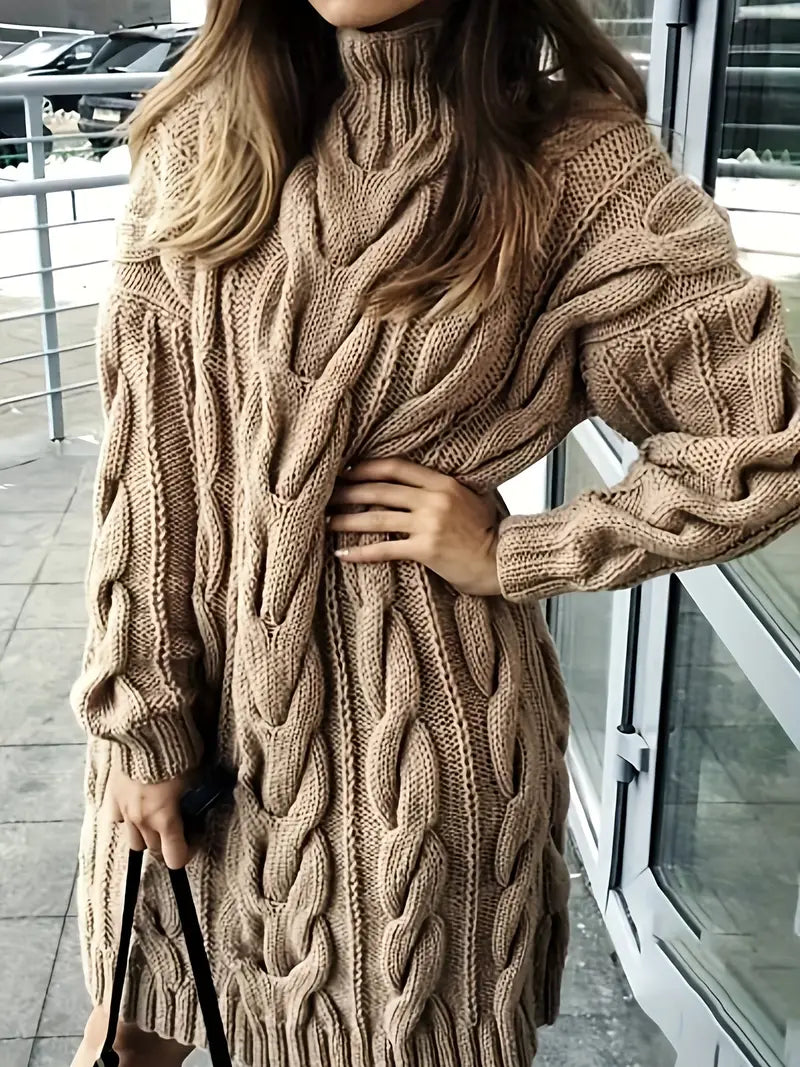 Vestido jersey informal con cuello alto en punto de cable sólido para el día a día