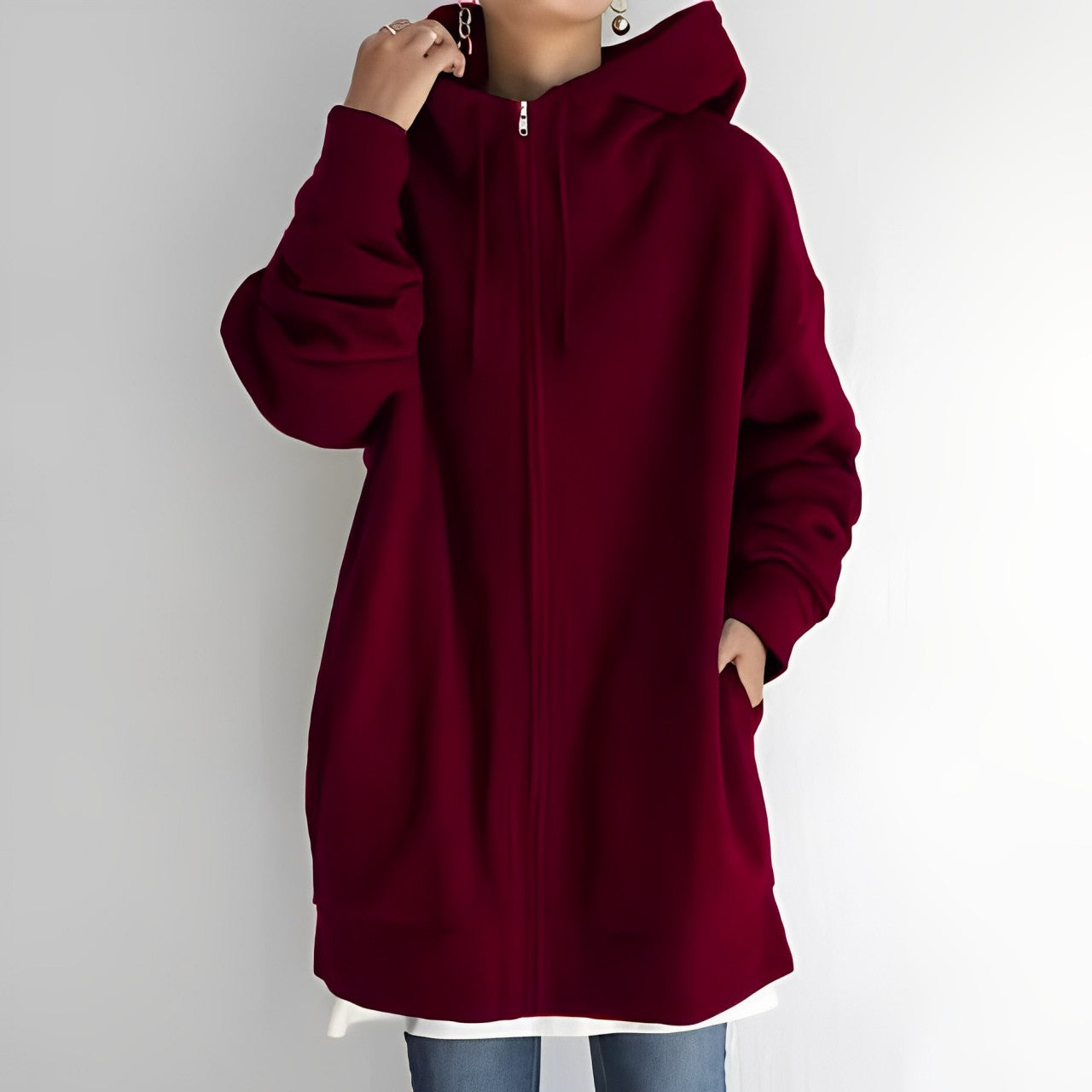 Chaqueta larga con capucha y cordón para mujer