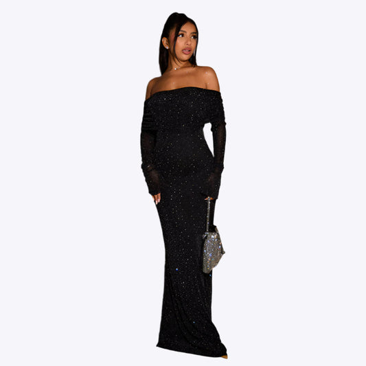 Liz - Vestido de mujer con hombros descubiertos y lentejuelas