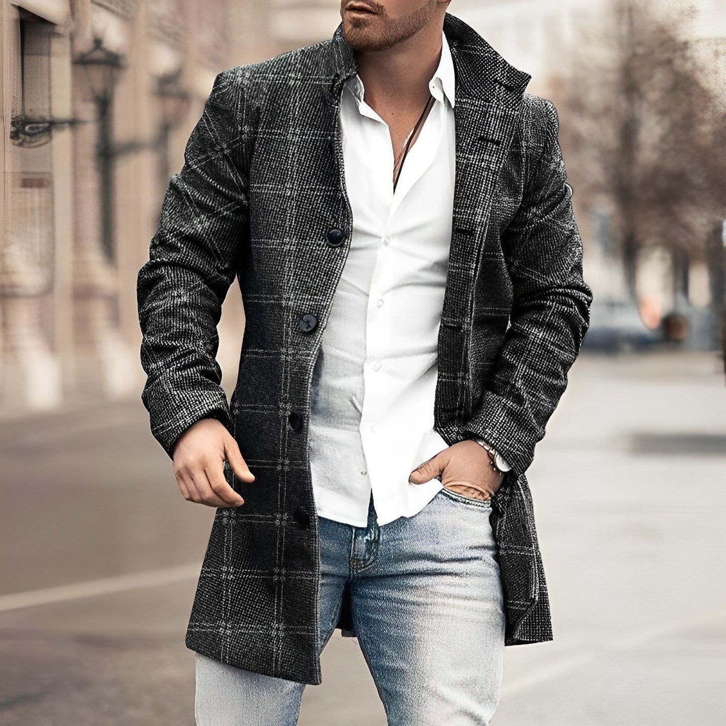 Abrigo de lana para hombre con botones de moda