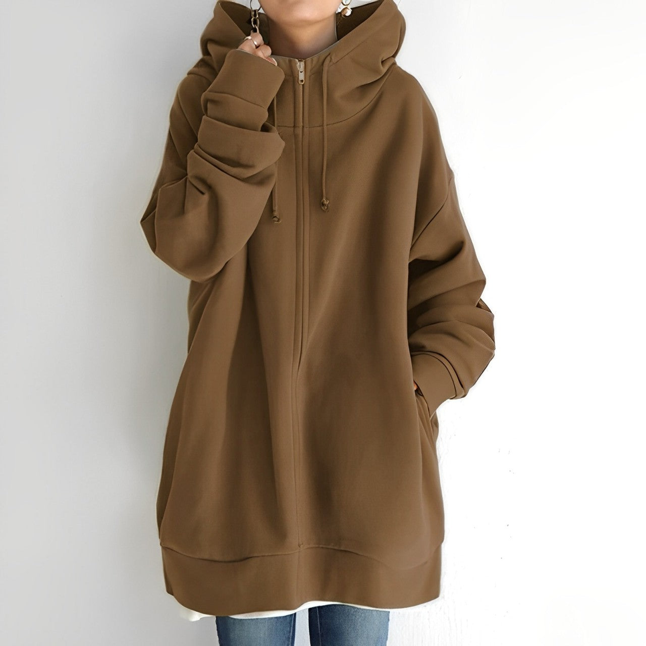 Chaqueta larga con capucha y cordón para mujer