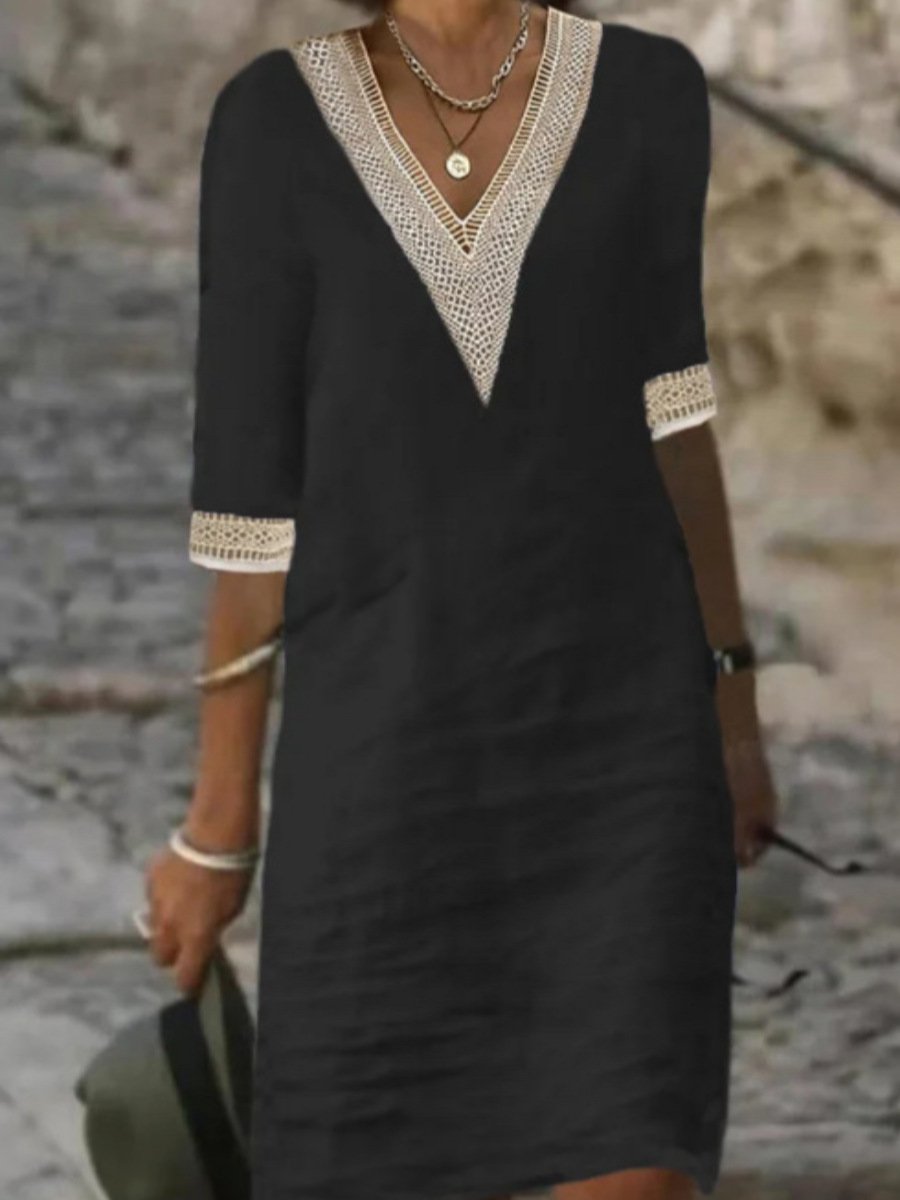 Elegante vestido de mezcla de lino con escote en V y adornos de encaje