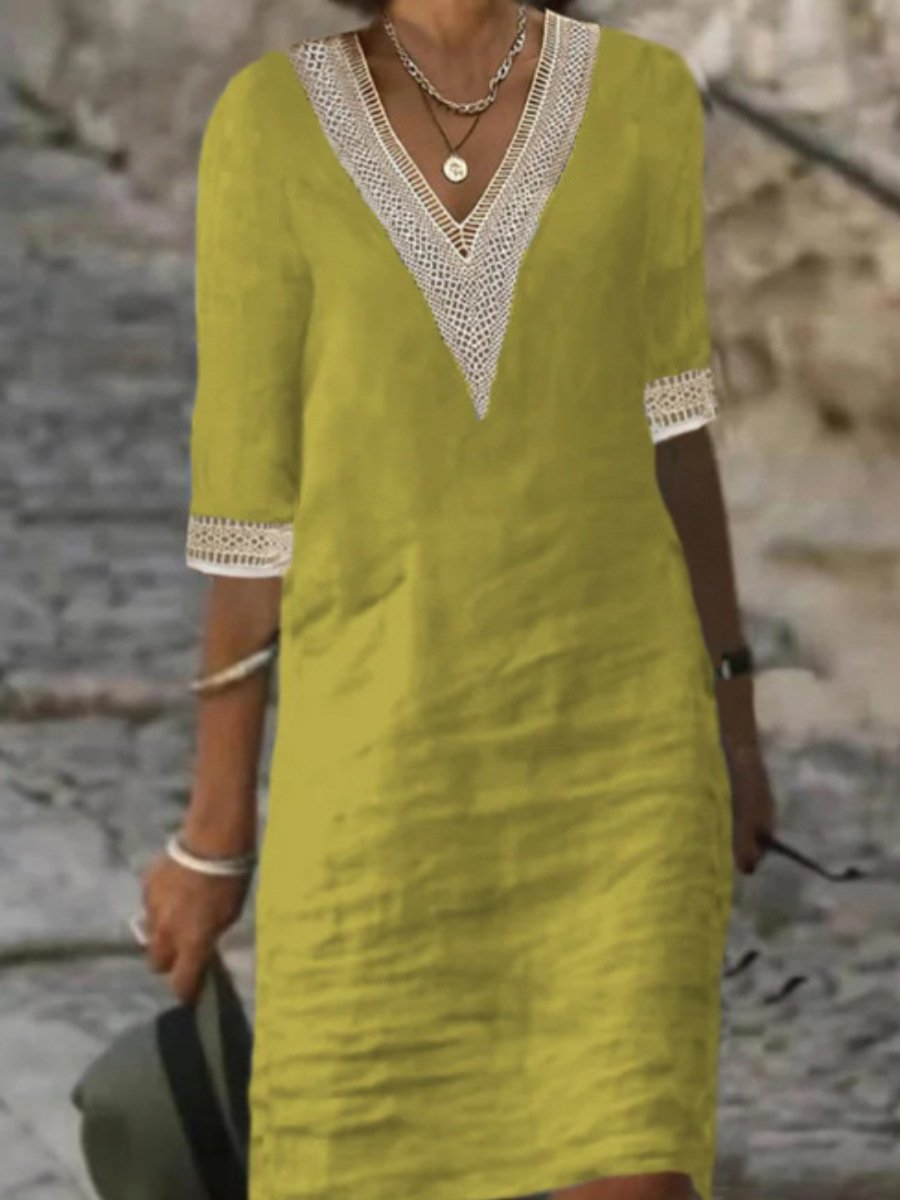 Elegante vestido de mezcla de lino con escote en V y adornos de encaje
