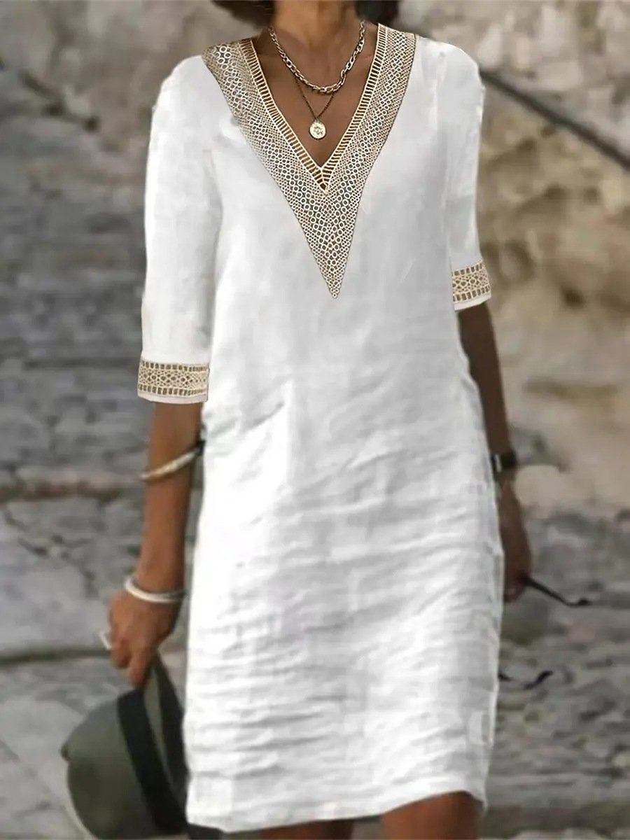 Elegante vestido de mezcla de lino con escote en V y adornos de encaje