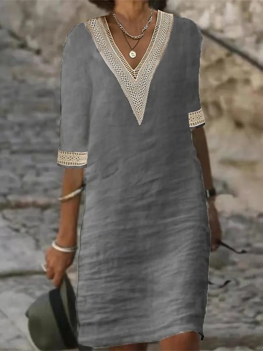 Elegante vestido de mezcla de lino con escote en V y adornos de encaje