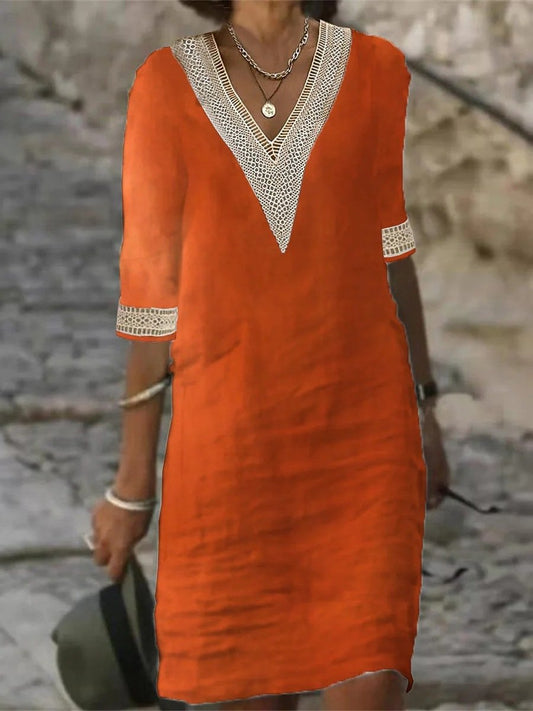 Elegante vestido de mezcla de lino con escote en V y adornos de encaje