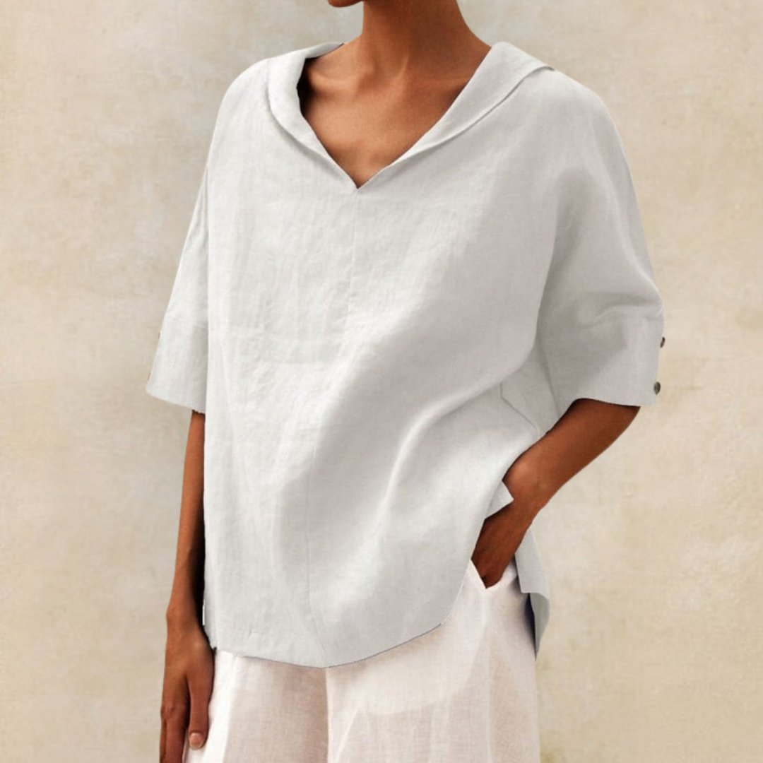 Camisa casual de lino con cuello de pico para mujer - blusa de corte relajado para todos los días