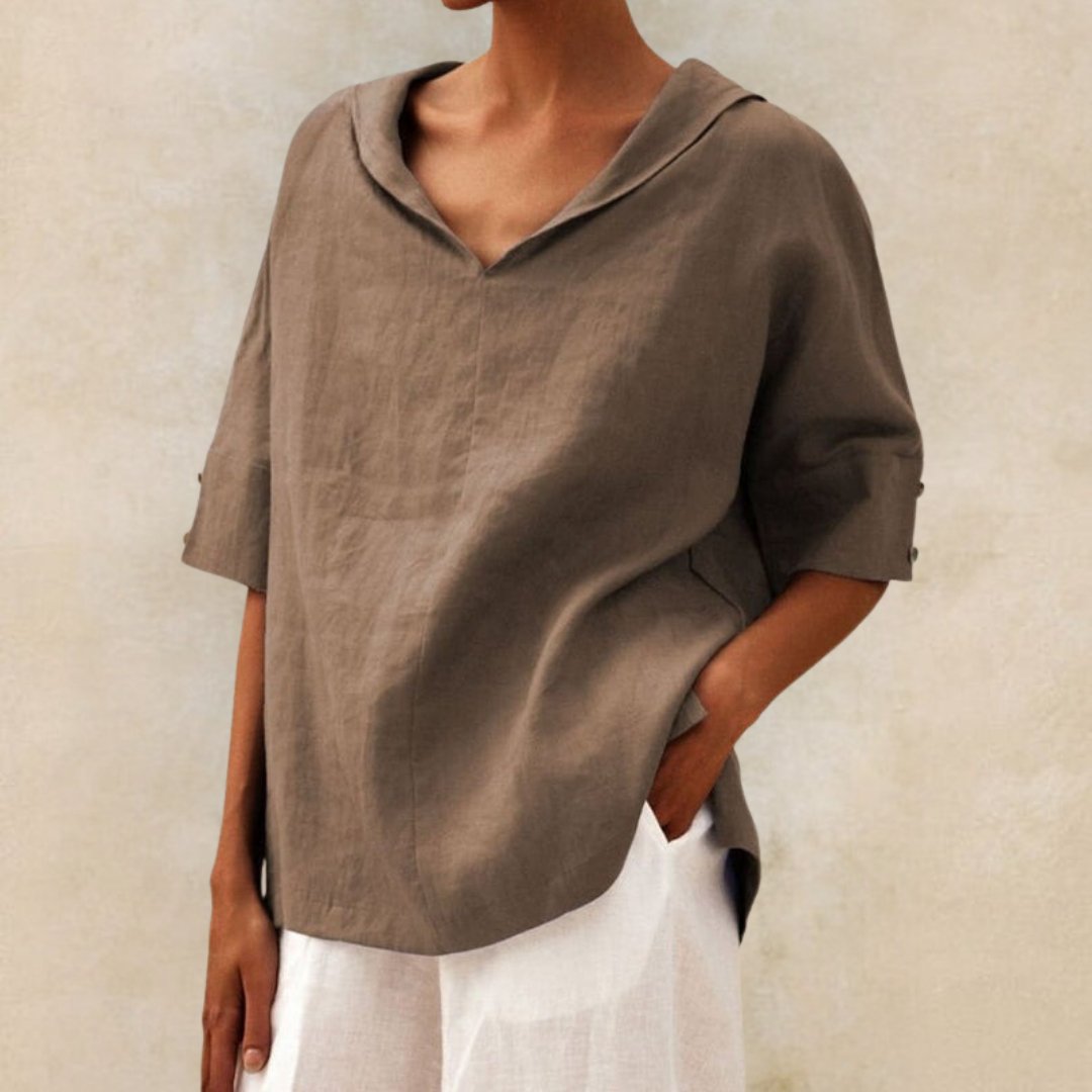 Camisa casual de lino con cuello de pico para mujer - blusa de corte relajado para todos los días