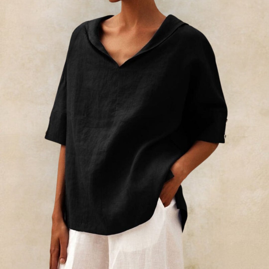 Camisa casual de lino con cuello de pico para mujer - blusa de corte relajado para todos los días