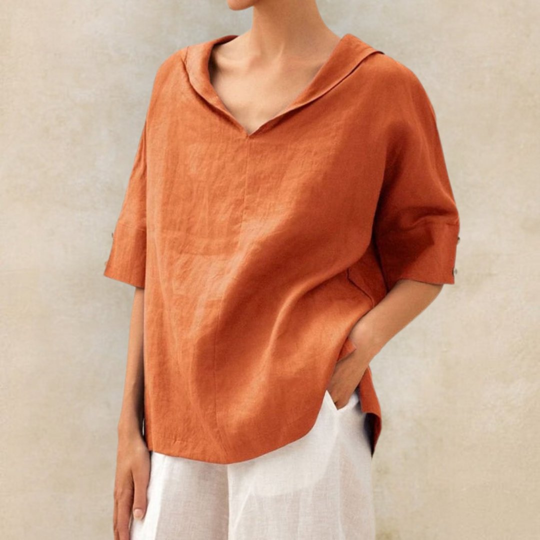 Camisa casual de lino con cuello de pico para mujer - blusa de corte relajado para todos los días