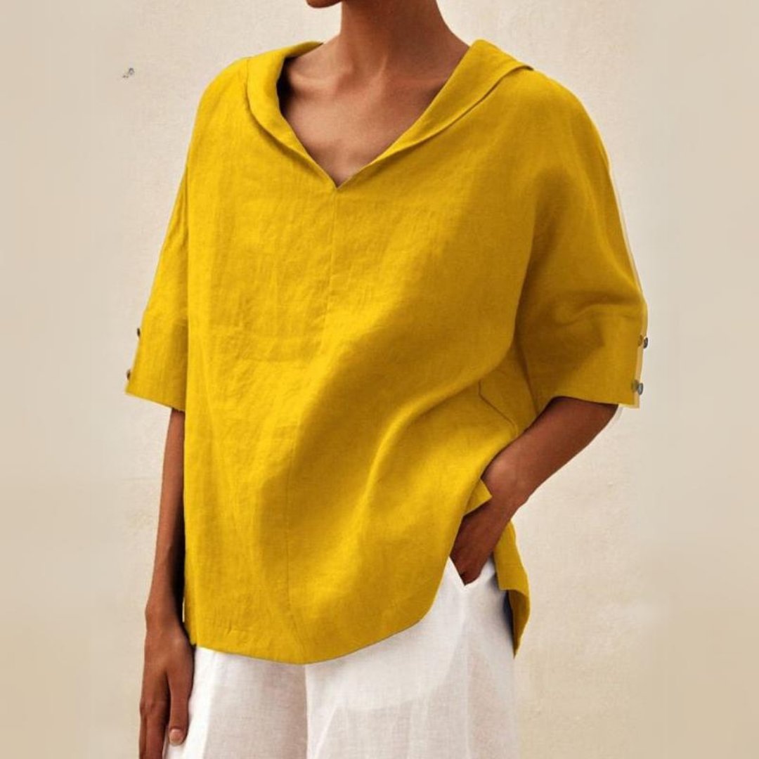 Camisa casual de lino con cuello de pico para mujer - blusa de corte relajado para todos los días