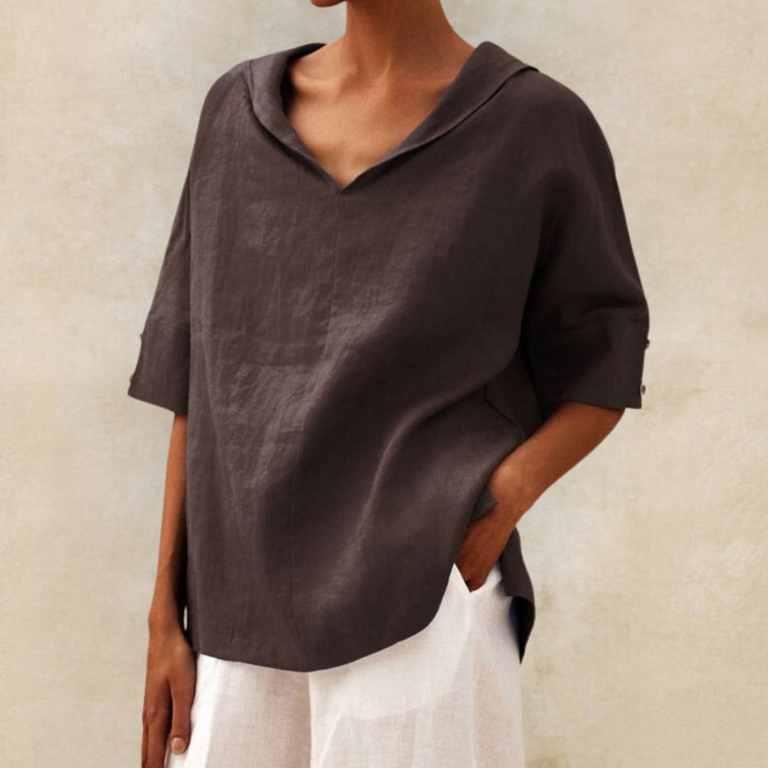 Camisa casual de lino con cuello de pico para mujer - blusa de corte relajado para todos los días