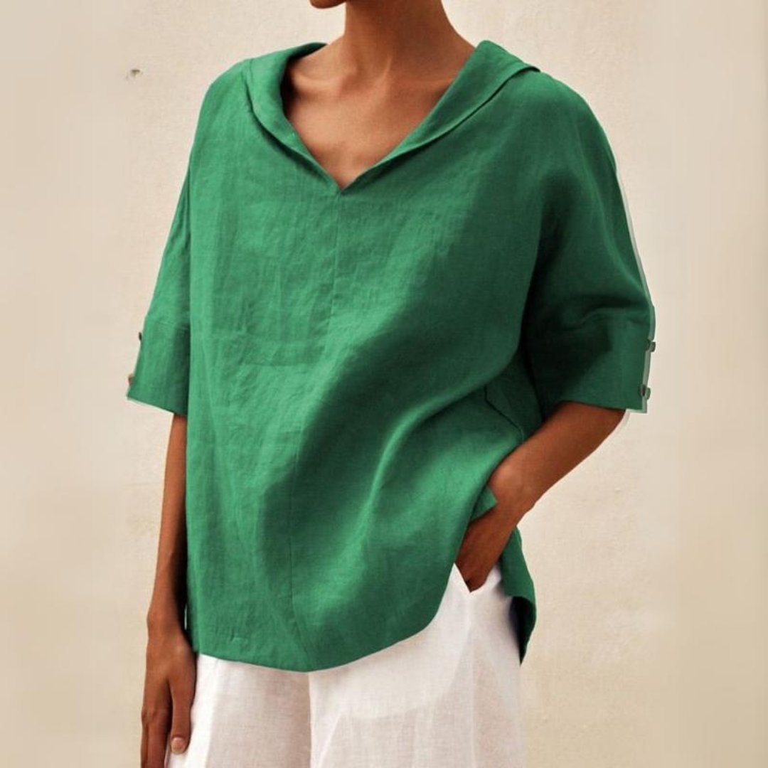 Camisa casual de lino con cuello de pico para mujer - blusa de corte relajado para todos los días