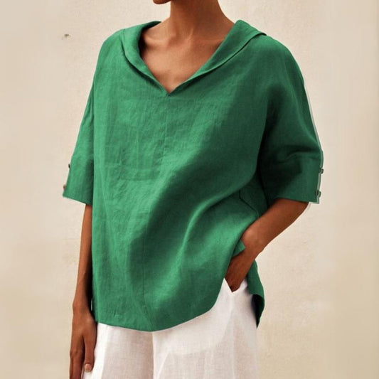 Camisa casual de lino con cuello de pico para mujer - blusa de corte relajado para todos los días