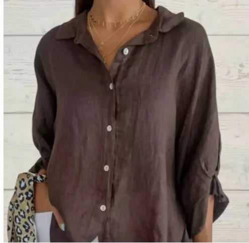Camisa mujer 100% lino manga larga cuello clásico relajada