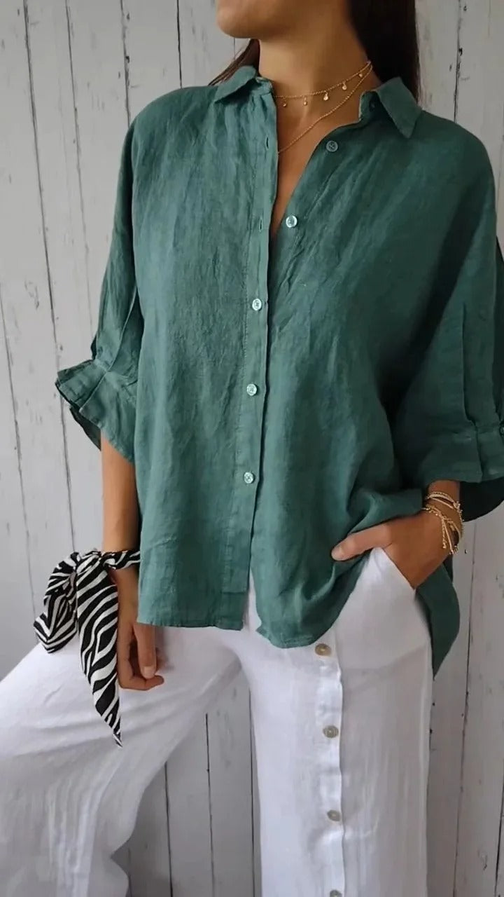Camisa mujer 100% lino manga larga cuello clásico relajada