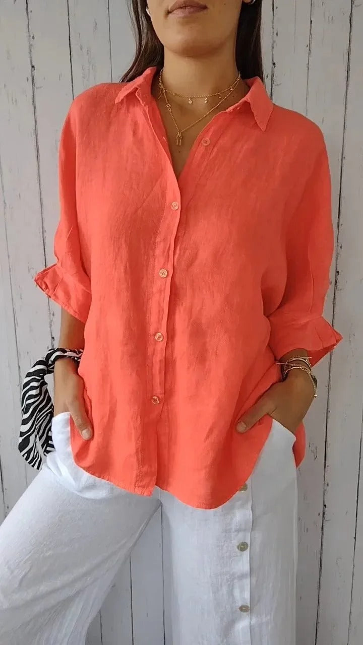 Camisa mujer 100% lino manga larga cuello clásico relajada