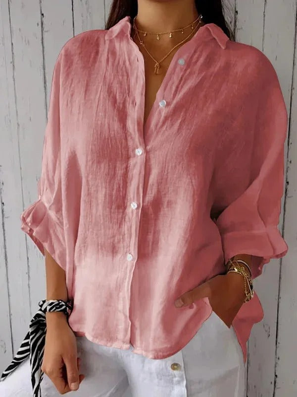 Camisa mujer 100% lino manga larga cuello clásico relajada