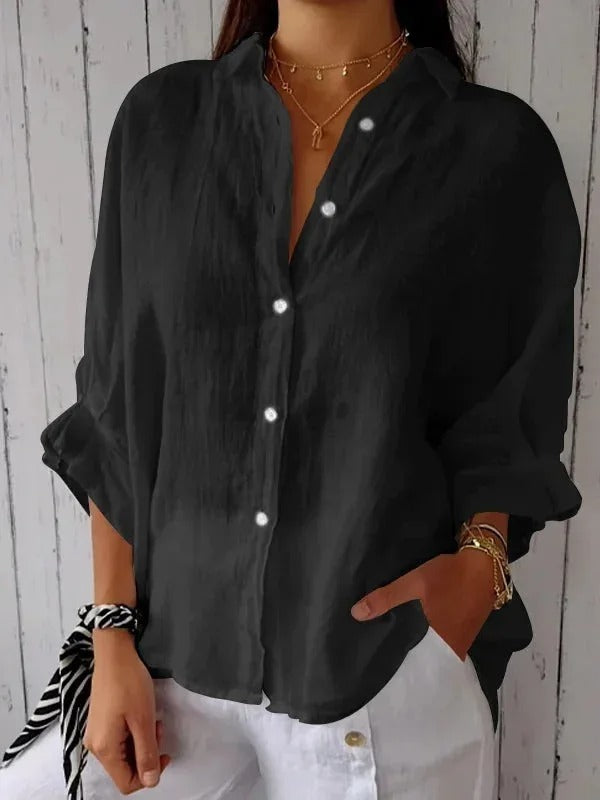 Camisa mujer 100% lino manga larga cuello clásico relajada