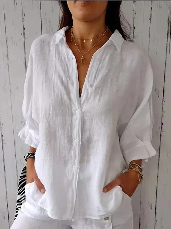 Camisa mujer 100% lino manga larga cuello clásico relajada