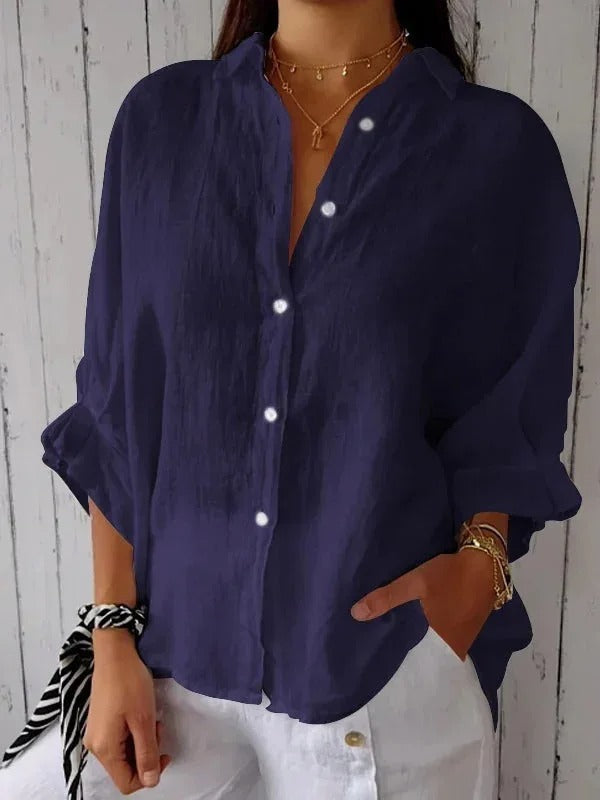Camisa mujer 100% lino manga larga cuello clásico relajada